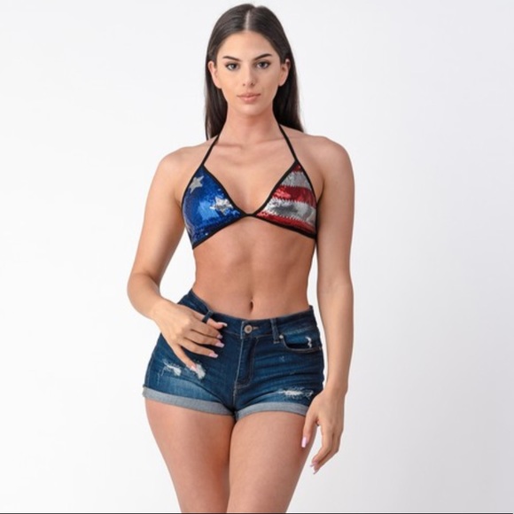 Red White Blue Stars Stripes Sequin Bikini Top - Picture 5 of 5